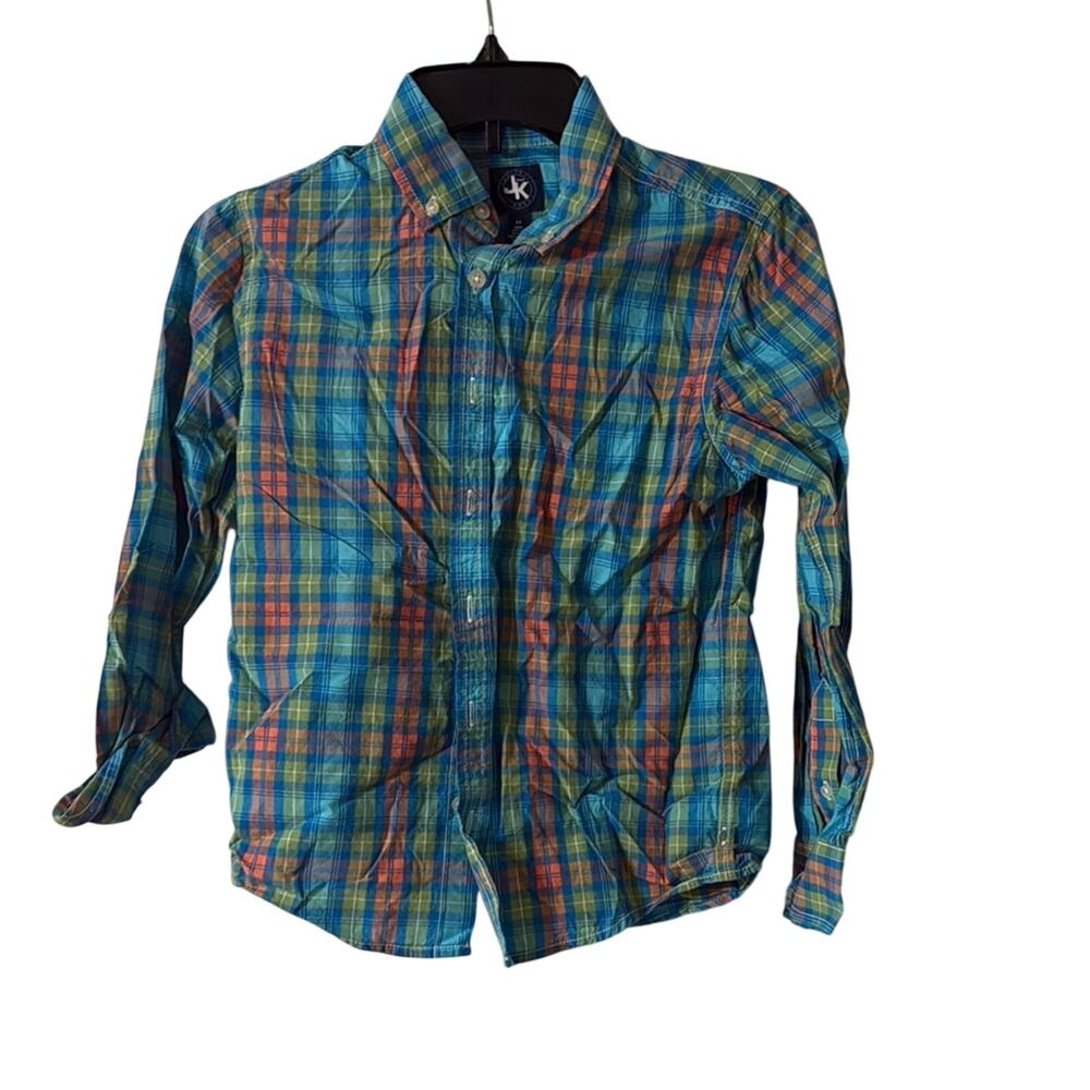 JK Designs Blue and Green Button Down Shirt Boys Medium